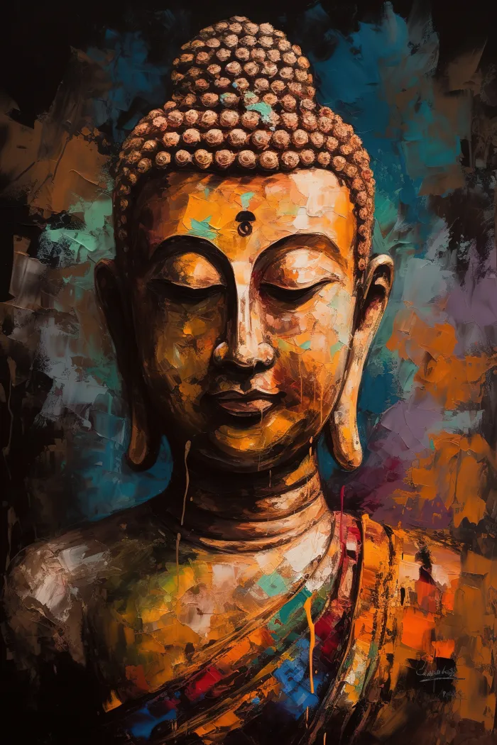 Textured impasto portrait painting of Lord Buddha with closed eyes in golden and teal tones. | PrintPosters.in